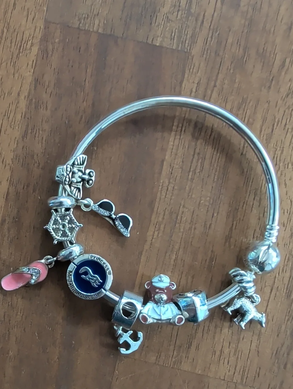 Princess Medallion Class Silver Charm Bangle Bracelet with Teddy & Travel Charms
